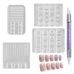Clear 4Pcs 4 Styles Silicone Molds, Carved Mold, with 1Pc Plastic Nail Art Brush Pen, Clear, 13.5x1cm