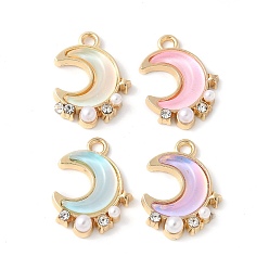 Золотой Сплав стекла подвески, луна, с rhinestone & abs имитация жемчужные бусины, стойки покрытие, без кадмия, без никеля и без свинца, золотые, 18.5x13.5x4 мм, отверстие : 1.8 мм