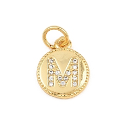 Letter M Breloques en laiton zircon cubique transparent, rond plat avec breloques en forme de lettre, plaqué longue durée, sans plomb et sans cadmium, crémaillère plaquage, réel 18 k plaqué or, lettre m, 12.5x10x1.5mm, Trou: 3mm