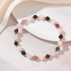 Смешанные камни Натуральные разноцветные круглые браслеты из турмалина и розового кварца с эластичными бусинами для женщин., внутренний диаметр: 2.36 дюйм (6 см)