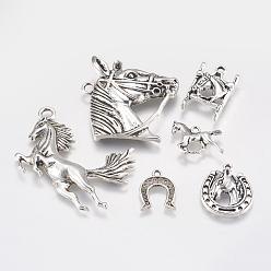 Античное Серебро Сплавочные подвески тибетского стиля, тема лошади, античное серебро, 14~51x13~38x1~7 мм, отверстие : 1~3.5 мм, 6 шт / комплект