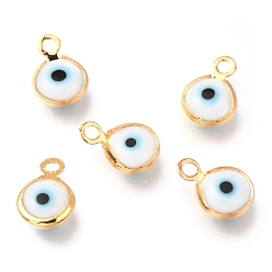 Real 18K Gold Plated Handmade Evil Eye Lampwork Charms, with Brass Findings, Flat Round, Blue, Real 18K Gold Plated, 10x6.5x3mm, Hole: 1.5mm