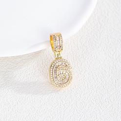 Number Европейские подвески из латуни с прозрачным кубическим цирконием, фигурные подвески с большими отверстиями, золотые, число 6, 20x14x4 мм, отверстие : 8x5 мм