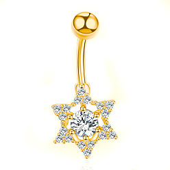 Снежинка Прозрачные кубические циркониевые кольца для пупка, Кольца для пирсинга пупка из нержавеющей стали, изогнутая штанга украшения для тела для женщин, золотые, снежинка, 8~13 мм, бар: 10x1.5 mm