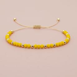 Желтый Браслеты из плетеных бусин из круглых стеклянных и латунных бусин, регулируемые плетеные браслеты из волоконного шнура для женщин, золотые, желтые