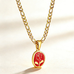 Real 18K Gold Plated 304 Stainless Steel Enamel Red Oval with Rose Flower Pendant Necklaces for Women, Real 18K Gold Plated, 18.11 inch(46cm)