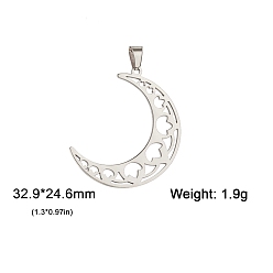 Нержавеющая Сталь Цвет Подвески из нержавеющей стали, не тускнеющие, лазерная резка, Полая луна с цветочным шармом, цвет нержавеющей стали, 32.9x24.6 мм