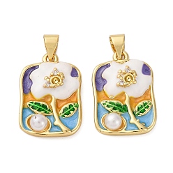 Настоящее золото 18K Латунные микро проложить кубического циркония подвески, цветы, с эмалью и абс пластика имитация жемчуга, без кадмия и без свинца, стойки покрытие, долговечный, реальный 18 k позолоченный, 21x14x5 мм, отверстие : 4x5 мм