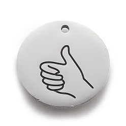 Thumbs Up Sign Non-Tarnish 316 Surgical Stainless Steel Pendants, ASL Pendants, Flat Round with Gesture Language, Stainless Steel Color, Thumbs Up Sign, 25x2mm, Hole: 2mm