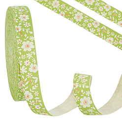Lawn Green Cotton and Linen Ribbon, for Sewing Accessories, Flat with Flower Pattern, Lawn Green, 5/8 inch(16mm), about 20 Yards/Roll