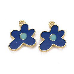 Medium Blue Rack Plating Light Gold Alloy Enamel Pendants, Cadmium Free & Lead Free, Flower, Medium Blue, 17x16x2mm, Hole: 1.6mm