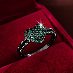 Зеленый Кольца для женщин с микропаве из латуни и кубическими цирконами, сердце, металлический черный , зелёные, размер США 9 (18.9 мм)