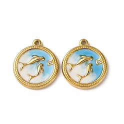 Темно-Голубой 304 из нержавеющей стали горный хрусталь подвески, Эмаль стиле, плоский круглый с подвесками в виде дельфинов, вакуумное покрытие pvd, реальный 18 k позолоченный, глубокое синее небо, 20x17.5x3 мм, отверстие : 1.4 мм