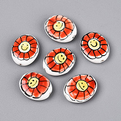 Оранжево-Красный Фарфоровые бусины ручной работы, пастельный фарфор, овальный и цветок, оранжево-красный, 19.5~20x16x5~6 мм, отверстие : 1.6~2 мм