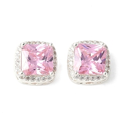 Бледно-Розовый Латунные микро проложить кубического циркония бусы, без кадмия, без никеля и без свинца, квадратный, 925 серебро покрытием, розовый жемчуг, 11x11x7 мм, отверстие : 2 мм