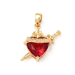 Red Brass Micro Pave Cubic Zirconia Pendants, Heart & Sword Charms, Rack Plating, Long-Lasting Plated, Lead Free & Cadmium Free, Red, 19x19x10mm, Hole: 5x3mm