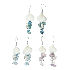 Mixed Stone 3Pair 3 Style Natural & Synthetic Mixed Gemstone & Shell Dangle Earrings, 58~64x17.5~23.5mm, 1 Pair/style