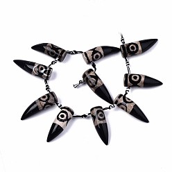 Льняное Полотно Тибетского стиля бусы дзи, природный агат бисер нитей, окрашенная и подогревом, форма клыка, 3 -eye, белье, 35~41x12~13 мм, отверстие : 2.5 мм, около 10 шт / нитка, 10.24 дюйм (26 см)