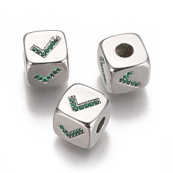 Real Platinum Plated Brass Micro Pave Cubic Zirconia Beads, Long-Lasting Plated, Cube, Green, Real Platinum Plated, 9x9x9mm, Hole: 3.5mm