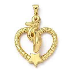 Golden Brass Pendants, Snake with Heart Charm, Golden, 35x26x7.5mm, Hole: 5x3.5mm