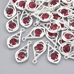 Cerise Faceted Glass Pendants, with Eco-Friendly Alloy Open Back Settings, Nickel Free, Teardrop, Silver Color Plated, Cerise, 21x11x3.5mm, Hole: 1.6mm