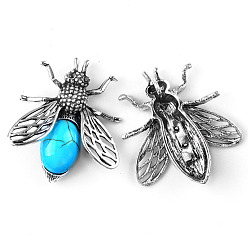 Синтетическая Бирюза Брошь пчелы из синтетической бирюзы, брошь в форме насекомого из сплава со стразами, античное серебро, 48x40 мм