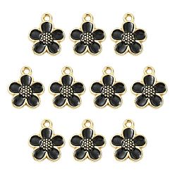 Black 10Pcs Alloy Enamel Pendants, Flower Charms, Golden, Black, 16x13.5x2mm, Hole: 1.6mm