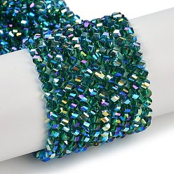 Темно-Зеленый Стеклянные бусины с гальваническим покрытием , гальваническое покрытие, граненые, двухконусные, темно-зеленый, 4x4x3 мм, отверстие : 1 мм, около 149 шт / нитка, 12.2~12.6'' (31~32 см)