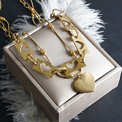 Золотой 304 двухслойные ожерелья из нержавеющей стали с полым сердечком для женщин, золотые, 15.75 дюйм (40 см)