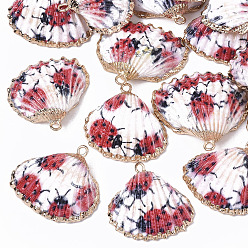 Other Animal Electroplate Printed Natural Scallop Shell Pendants, Sea Shell Pendants, with Brass Loops, Animal Pattern, 22~27x23~29x8~10mm, Hole: 1.8mm