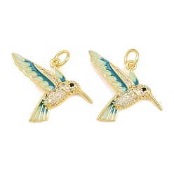Real 18K Gold Plated Brass Micro Pave Black Cubic Zirconia Pendants, with Blue Enamel, Hummingbird Charms, Real 18K Gold Plated, 18x25x2.8mm, Hole: 3mm