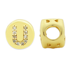 Letter U Brass Micro Pave Clear Cubic Zirconia Beads, Flat Round with Letter, Letter.U, 7.5x6.5mm, Hole: 3.5mm, 3pcs/bag