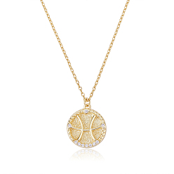 Pisces 925 Sterling Silver 12 Constellation Necklace Gold Horoscope Zodiac Sign Necklace Round Astrology Pendant Necklace with Zircons Birthday Jewelry Gift for Women Men, Pisces, 15-3/8 inch(39cm)