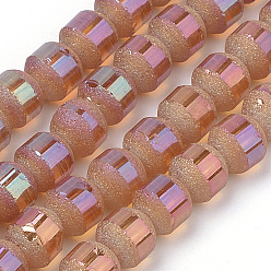 PeachPuff Electroplate Glass Bead Strands, Frosted, Rainbow Plated, Round, PeachPuff, 6~6.5mm, Hole: 1mm, about 100pcs/strand, 23.6 inch