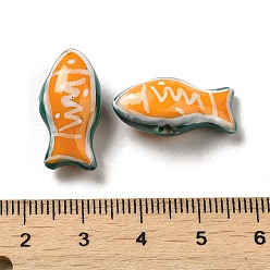 Orange Handmade Printed Porcelain Beads, Famille Rose Porcelain, Fish, Orange, 11x21.5~22x9mm, Hole: 1.5~1.8mm