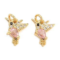 Pink Латунные микро проложить кубического циркония прелести, с целью перехода в кольце, прелести колибри, реальный 18 k позолоченный, розовые, 10x9x3.5 мм, отверстие : 2.3 мм, Перейти кольцо: 4x0.7 мм