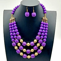 Сине-фиолетовый Комплекты из многослойных ожерелий и серег с подвесками из акриловых круглых бусин, золотые, синий фиолетовый, 500 мм