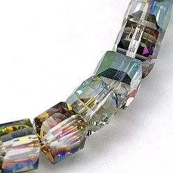 Аква Гальванические стеклянные бусины, с покрытием цвета радуги, граненые, кубические, вода, 7x7x7 мм, отверстие : 1 мм