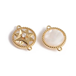 White Shell Natural White Shell Mother of Pearl Shell Links connectors, with Golden Plated Brass Findings and Cubic Zirconia, Long-Lasting Plated, Flat Round with Star, 18.5x14x6.5mm, Hole: 1.2mm