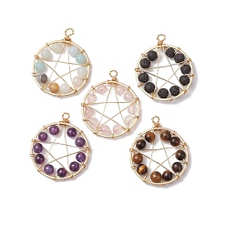 Смешанные камни Подвески в форме звезды из натурального смешанного драгоценного камня и медной проволоки, пентаграмма прелести, золотой свет, 31x26x5 мм, отверстие : 1.8 мм