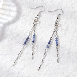 Содалитовое Круглые 304 серьги-подвески из натурального содалита из нержавеющей стали, с кабельными цепями и латунными крючками для сережек, цвет нержавеющей стали, цвет нержавеющей стали, 94.5 мм