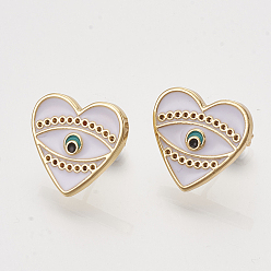 White Brass Stud Earrings Findings, with Enamel and Ear Nuts/Earring Backs, Heart with Eye, Golden, White, Fit for 0.6mm Rhinestone, 15x16mm, Pin: 0.7mm