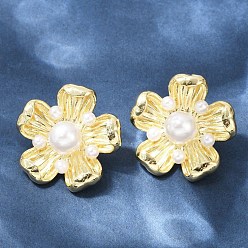 Настоящее золото 18K Серьги-гвоздики из искусственного жемчуга с цветком из латуни и АБС-пластика, долговечный, без кадмия и без свинца, стойки покрытие, реальный 18 k позолоченный, 25x26 мм