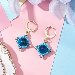 Небесно-голубой Серьги-подвески из натурального тигрового глаза, с 304 фурнитурой для сережек с застежкой-ангелом из нержавеющей стали и стеклянными бусинами, золотые, голубой, 35x18.5~19 мм