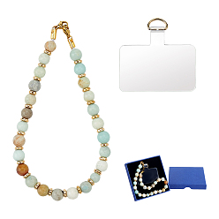 Amazonite 1Pc PVC & Zinc Alloy & Natural Amazonite Beads Mobile Straps, Phone Decorations, with Mobile Phone Lanyard Patch, Golden, 180mm