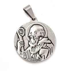 Antique Silver & Stainless Steel Color 304 Stainless Steel Religion Pendants, Saint Benedict Charms, Flat Round, Antique Silver & Stainless Steel Color, 31.5x28x3.5mm, Hole: 9x4.5mm