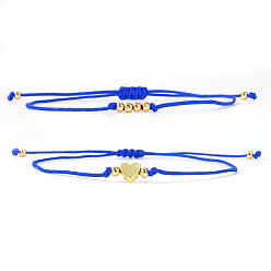 Синий 2шт. 2 стили богемные латунные бусины плетеные браслеты из бусин, Браслеты из нейлоновой нити плетеные для женщин, круглый и сердце, золотые, синие, 11.02 дюйм (28 см)