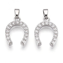 Платина Латунные микро проложить кубического циркония подвески, без кадмия и без свинца, подковы прелести, платина, 17x12.5x3 мм, отверстие : 5x2.5 мм