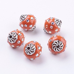 Orange Handmade Indonesia Beads, with Alloy Findings and Acrylic Rhinestone, Oval, Orange, 14x15mm, Hole: 2mm