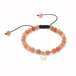 Aventurine Adjustable Nylon Thread Braided Bead Bracelets, with Natural Aventurine Beads, Brass Charms and Beads, Star, 2-1/8 inch~3-3/8 inch(5.5~8.5cm)